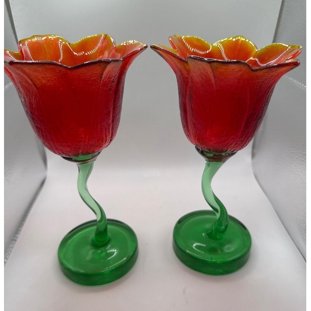 VTG Art Glass Tulip Flower Candle Holders Red Orange Green Set/2 Handblown